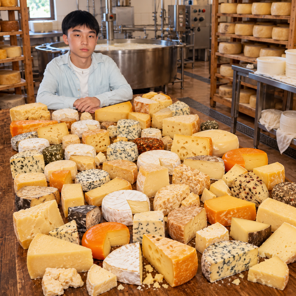 KIMCHEESE mascot surrounded by mountains of cheese in a cheesemaking factory